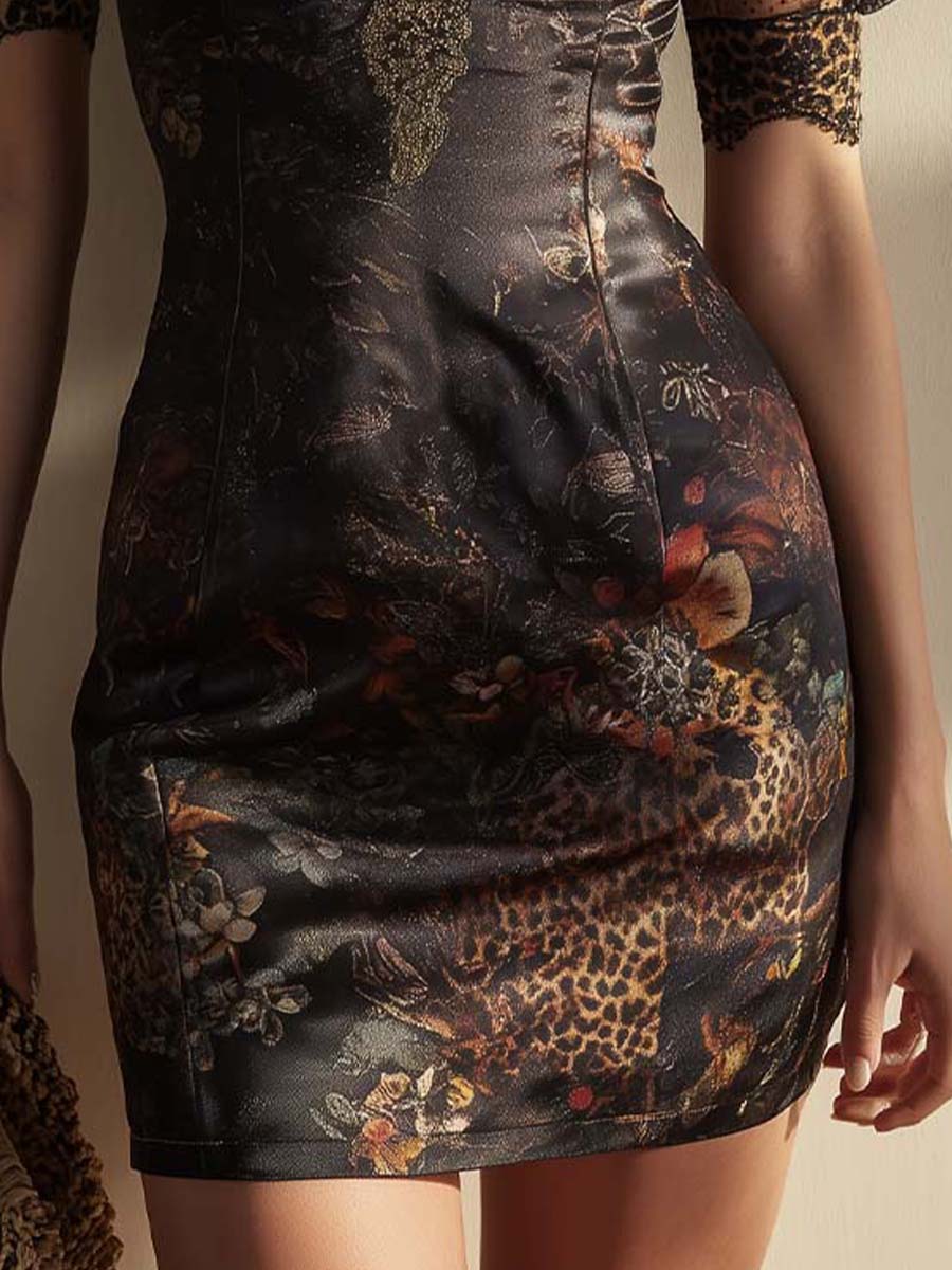Vintage Glam Printed Satin Puff Sleeve Mini Dress