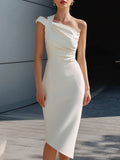 One-Shoulder Draped Asymmetrical Midi Dress