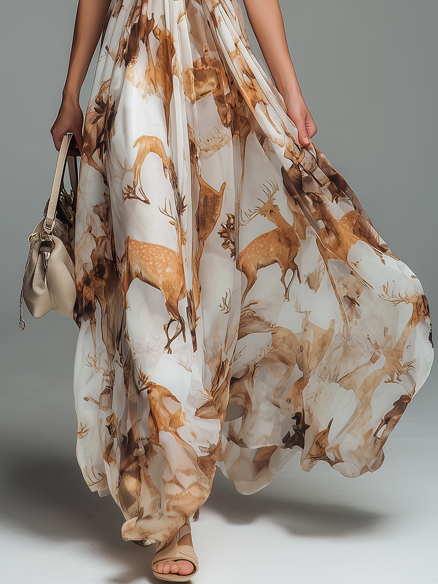 Stylish And Elegant V-neck Sleeveless Printed Chiffon Maxi Dress