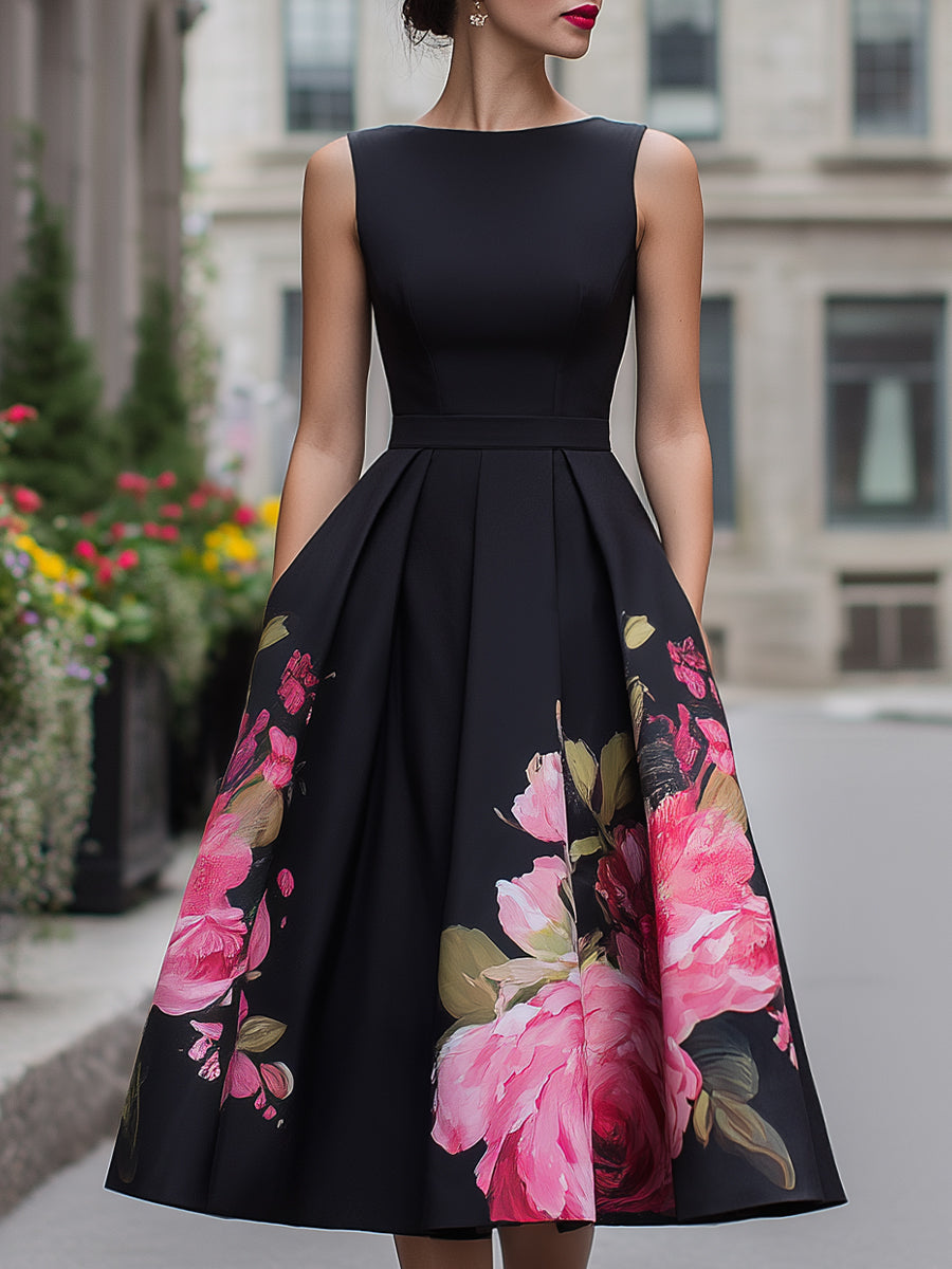 Elegant Sleeveless Midi Dress With Floral Printed Skirt