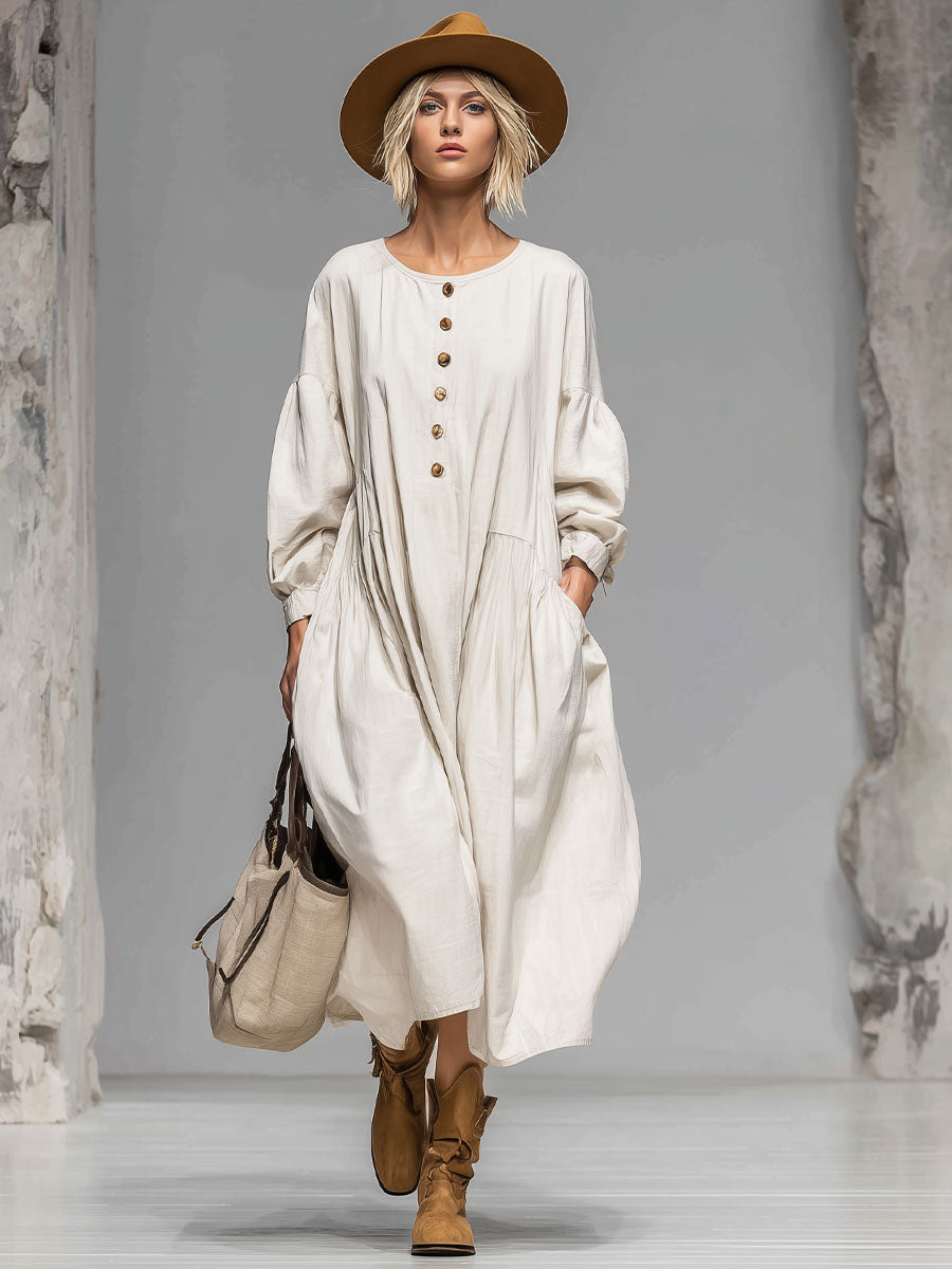 Loose Round-neck Button-front Double-pocket Cotton Long-sleeved Midi Dress