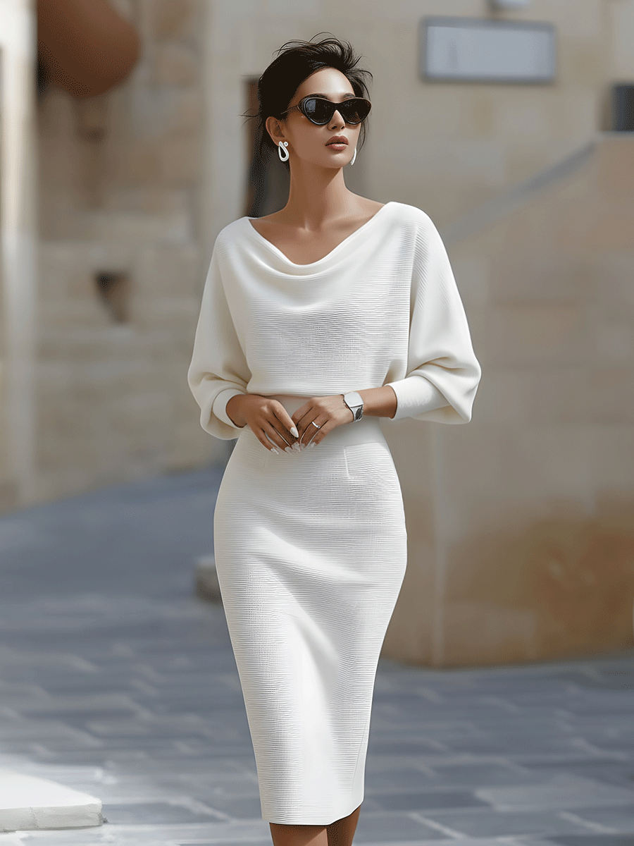 White Draped Batwing Midi Dress