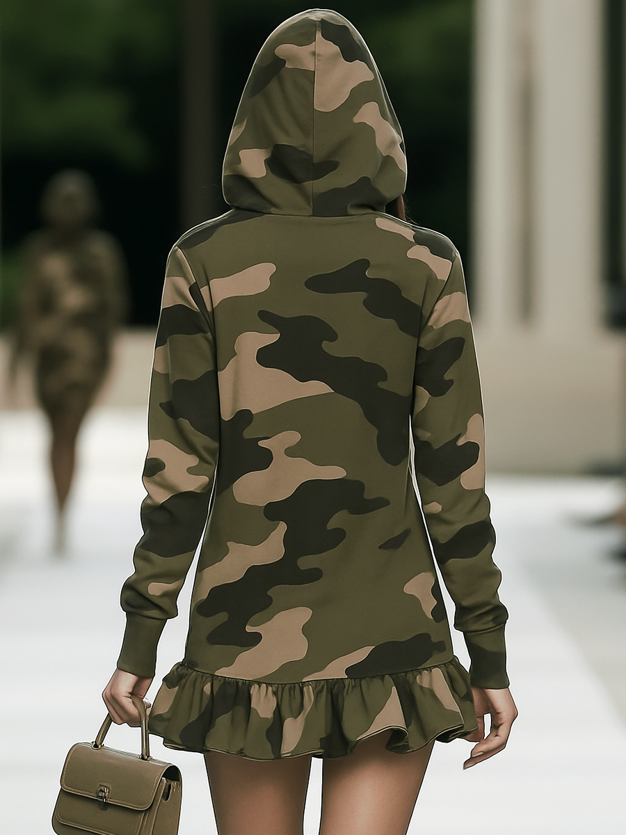 Camouflage Ruffle Long Sleeve Hooded Mini Dress