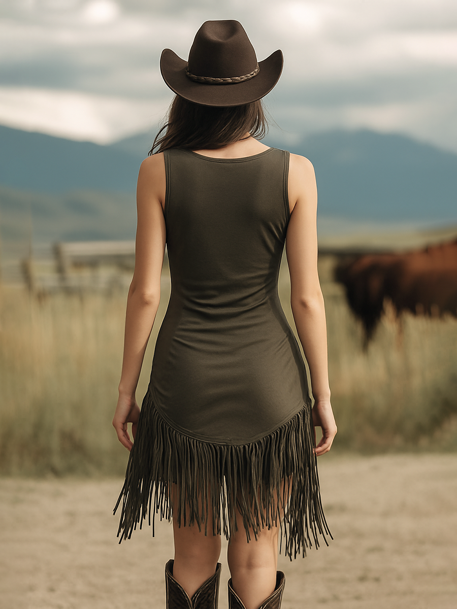Bohemian V-neck Sleeveless Tassel Mini Dress