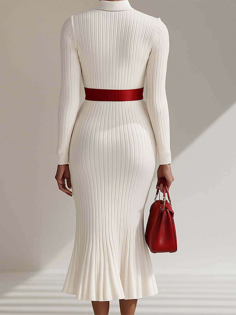 ¡¾24-hour shipping out¡¿White Wool Lapel Button Design Maxi Dress