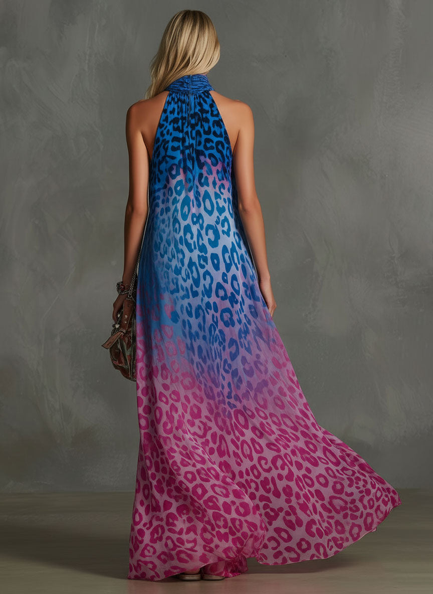 Gradient Leopard Print Chiffon High-neck Sleeveless Maxi Dress