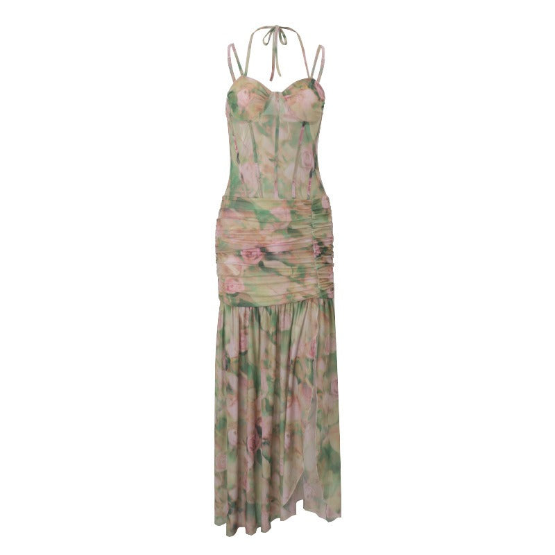 Sleeveless Floral Print High Waist Split Maxi Dress