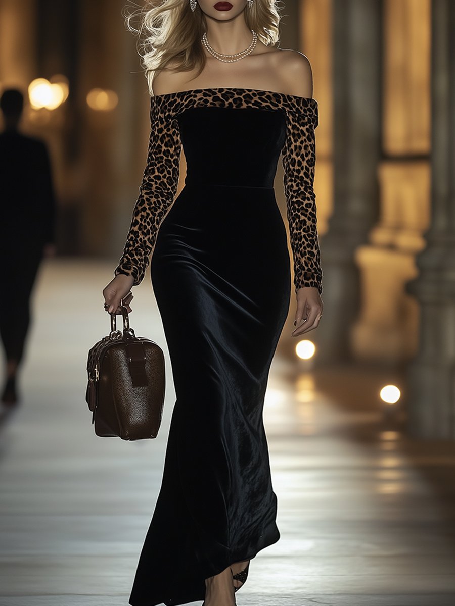 ¡¾24-hour shipping¡¿Retro Elegant High-End One-Shoulder Leopard Print Velvet Dress