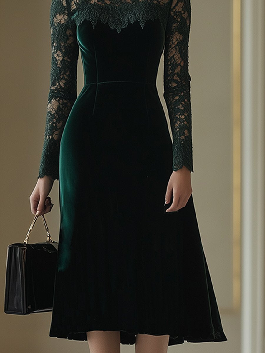 ¡¾24-hour shipping out¡¿Elegant Retro Velvet Stitching Lace High Collar Long Sleeve Midi Dress
