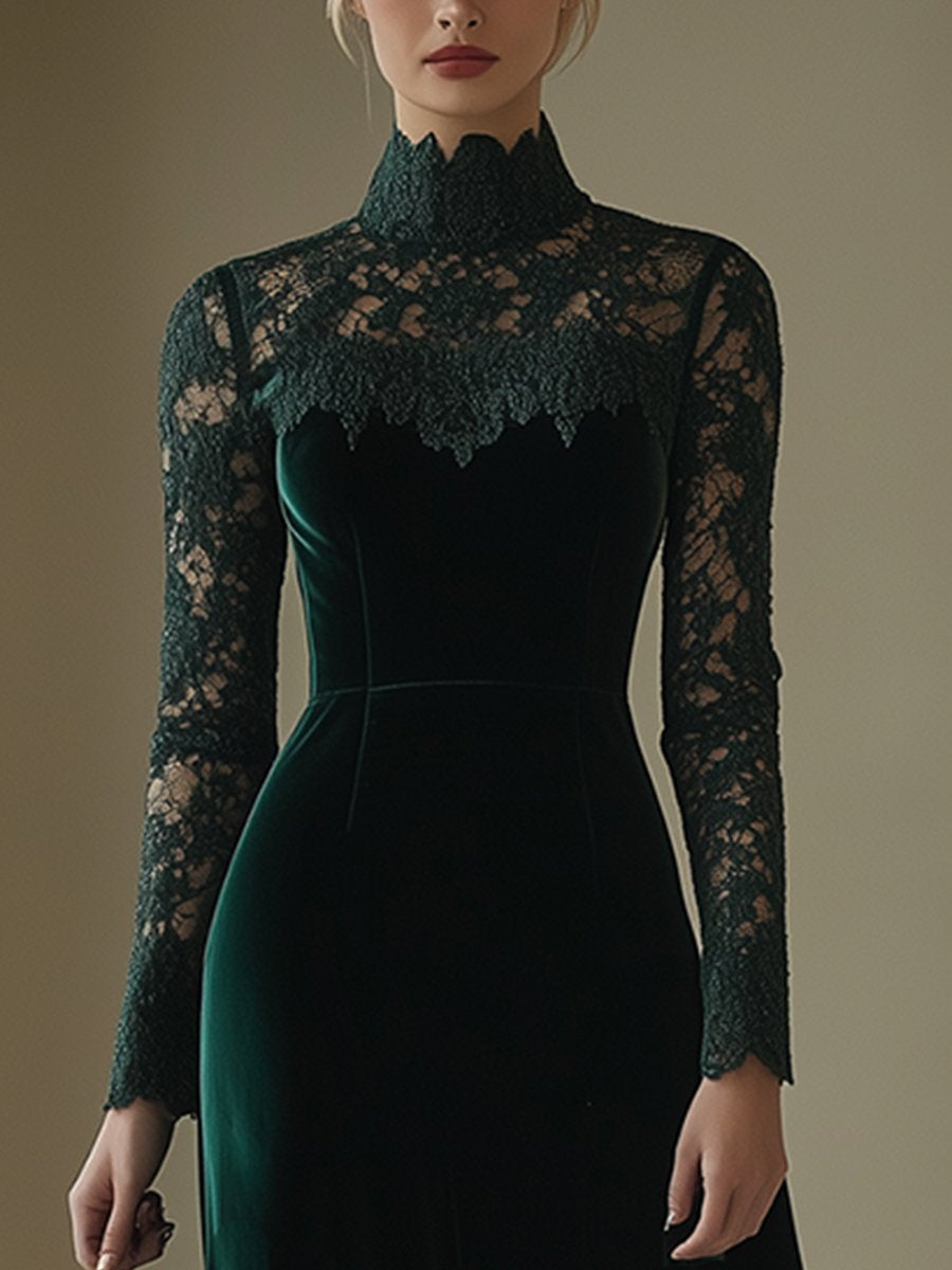 ¡¾24-hour shipping out¡¿Elegant Retro Velvet Stitching Lace High Collar Long Sleeve Midi Dress