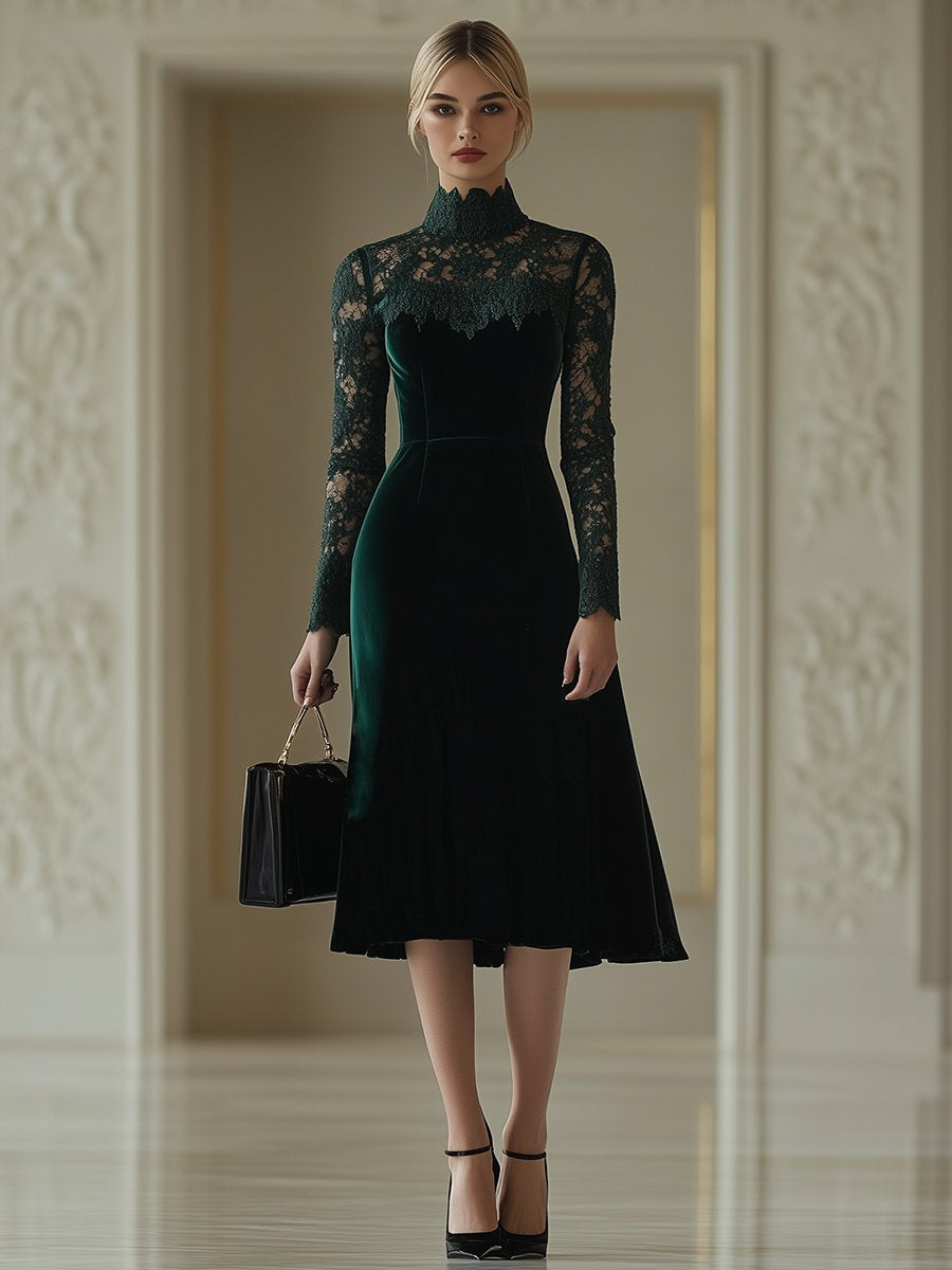 ¡¾24-hour shipping out¡¿Elegant Retro Velvet Stitching Lace High Collar Long Sleeve Midi Dress