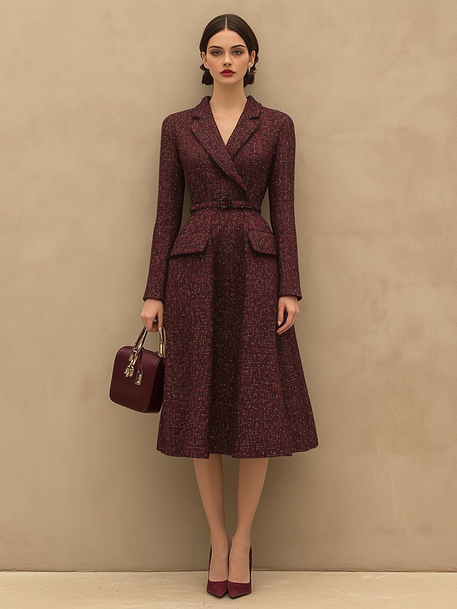 ¡¾24-hour shipping out¡¿Vintage Elegant Ankola Red Tweed Lapel Dress