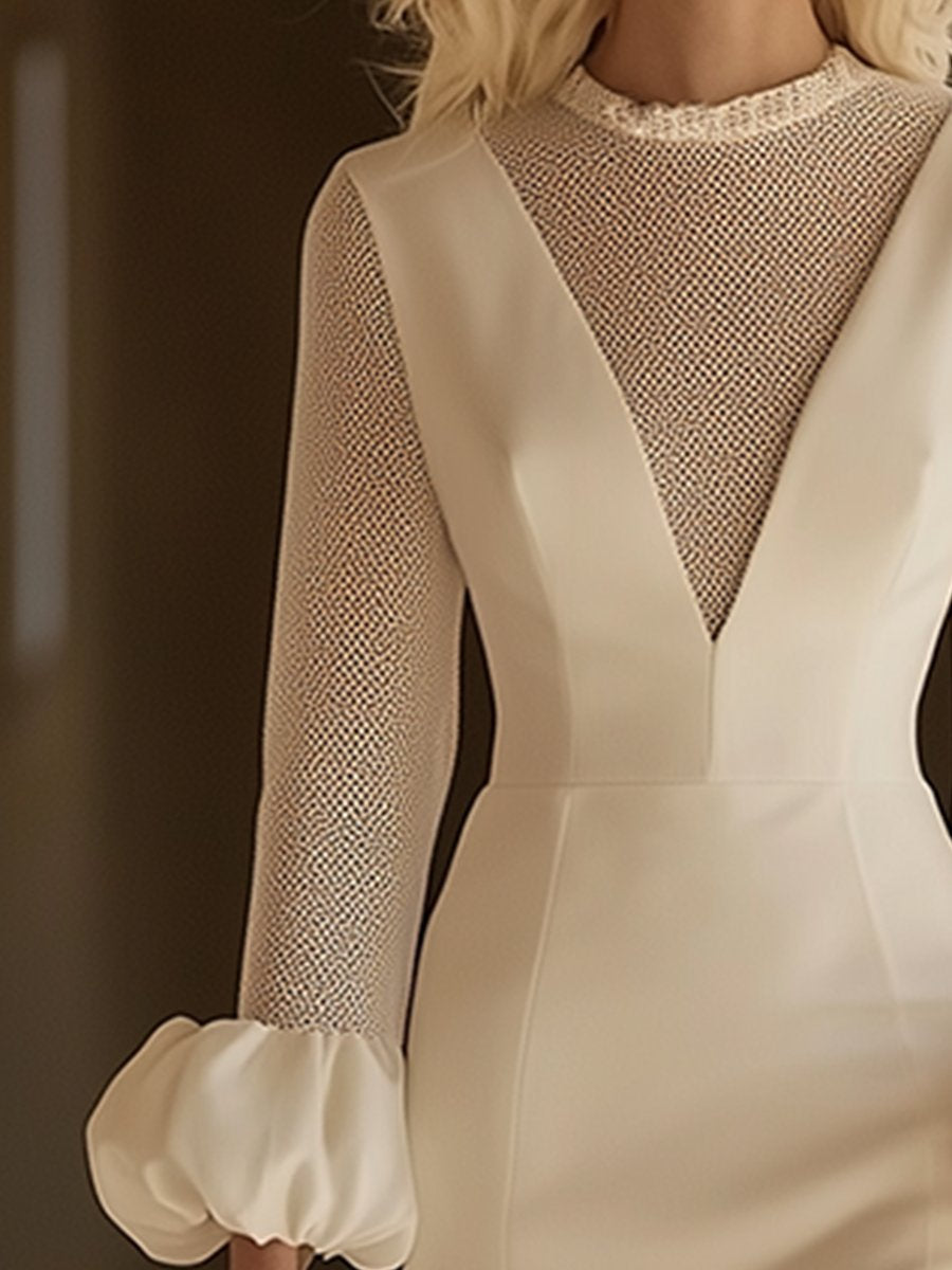 ¡¾24-hour shipping out¡¿Elegant Classic Splicing Mesh Puff Sleeve Midi Dress