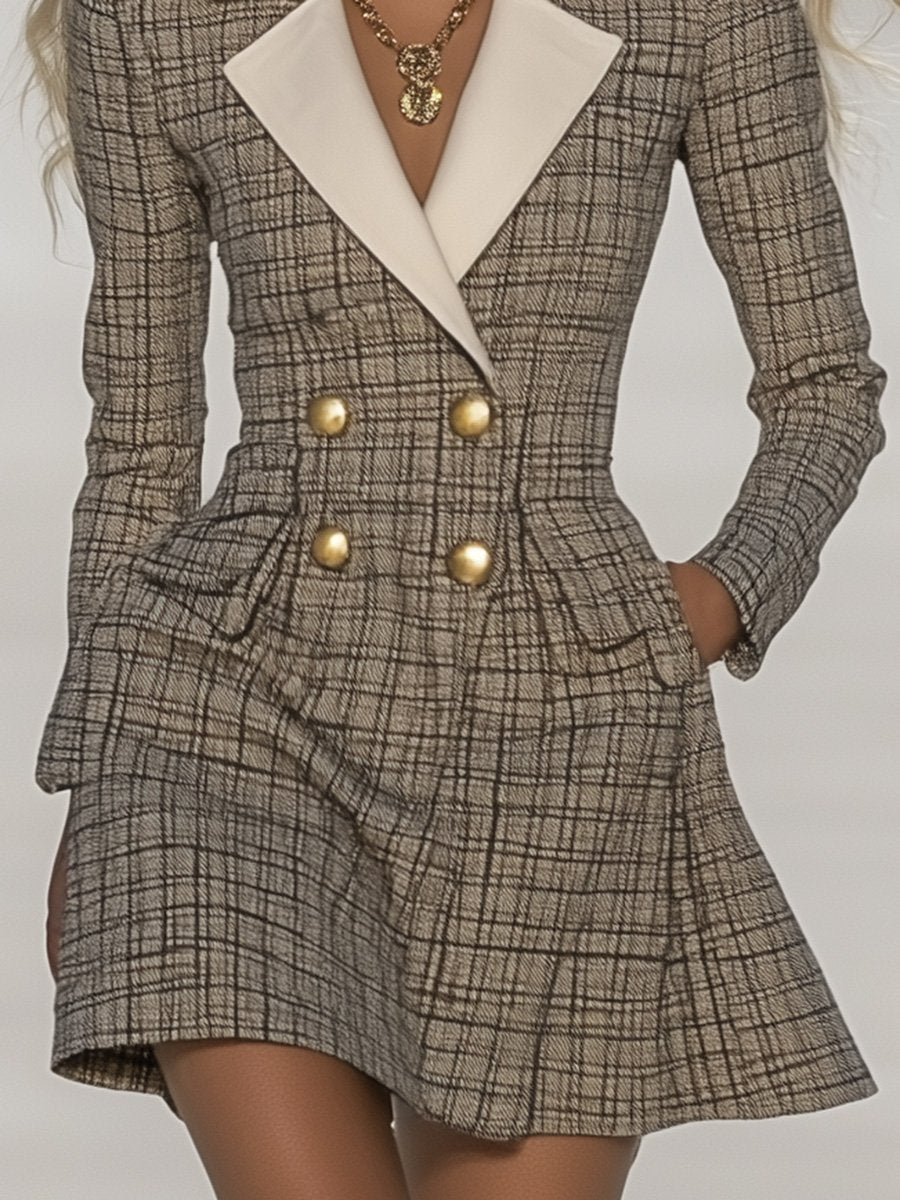 ¡¾24-hour shipping out¡¿Classic and Fashionable Contrast Lapel Plaid Mini Dress