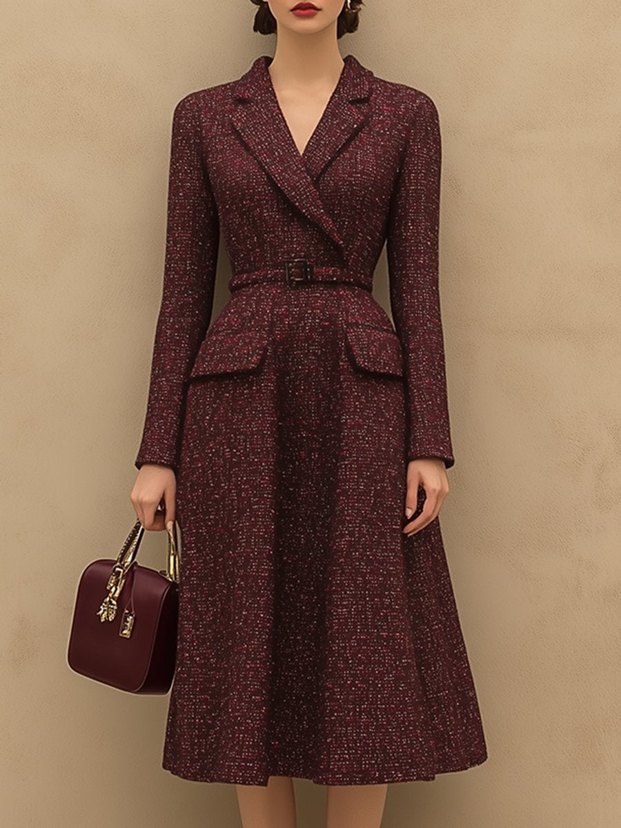 ¡¾24-hour shipping out¡¿Vintage Elegant Ankola Red Tweed Lapel Dress