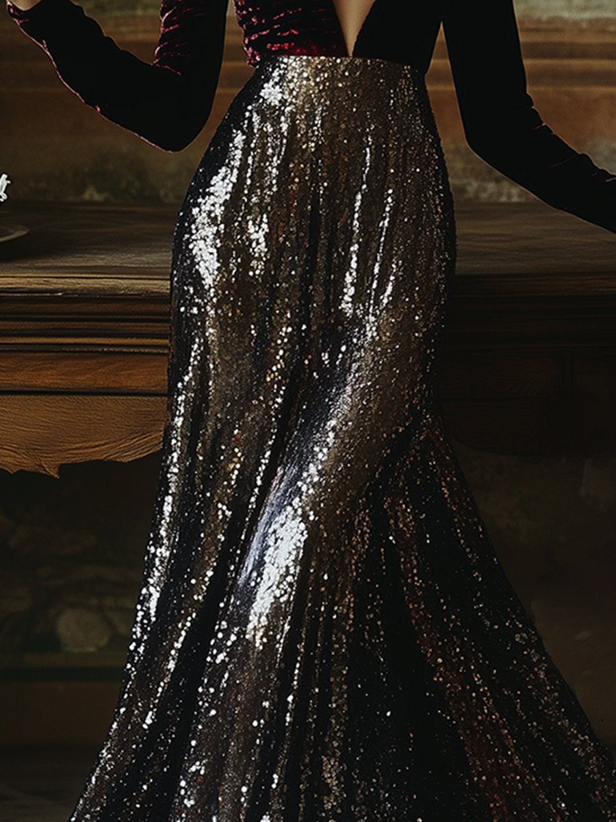 ¡¾24-hour shipping out¡¿V-Neck Stylish Elegant Solid Color Velvet Sequined Long Maxi Dress