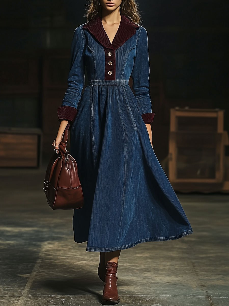 ¡¾24-hour shipping out¡¿Casual Retro Contrast Color Corduroy Stitching Elastic Waist Long Sleeve Midi Dress