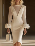 ¡¾24-hour shipping out¡¿Elegant Classic Splicing Mesh Puff Sleeve Midi Dress