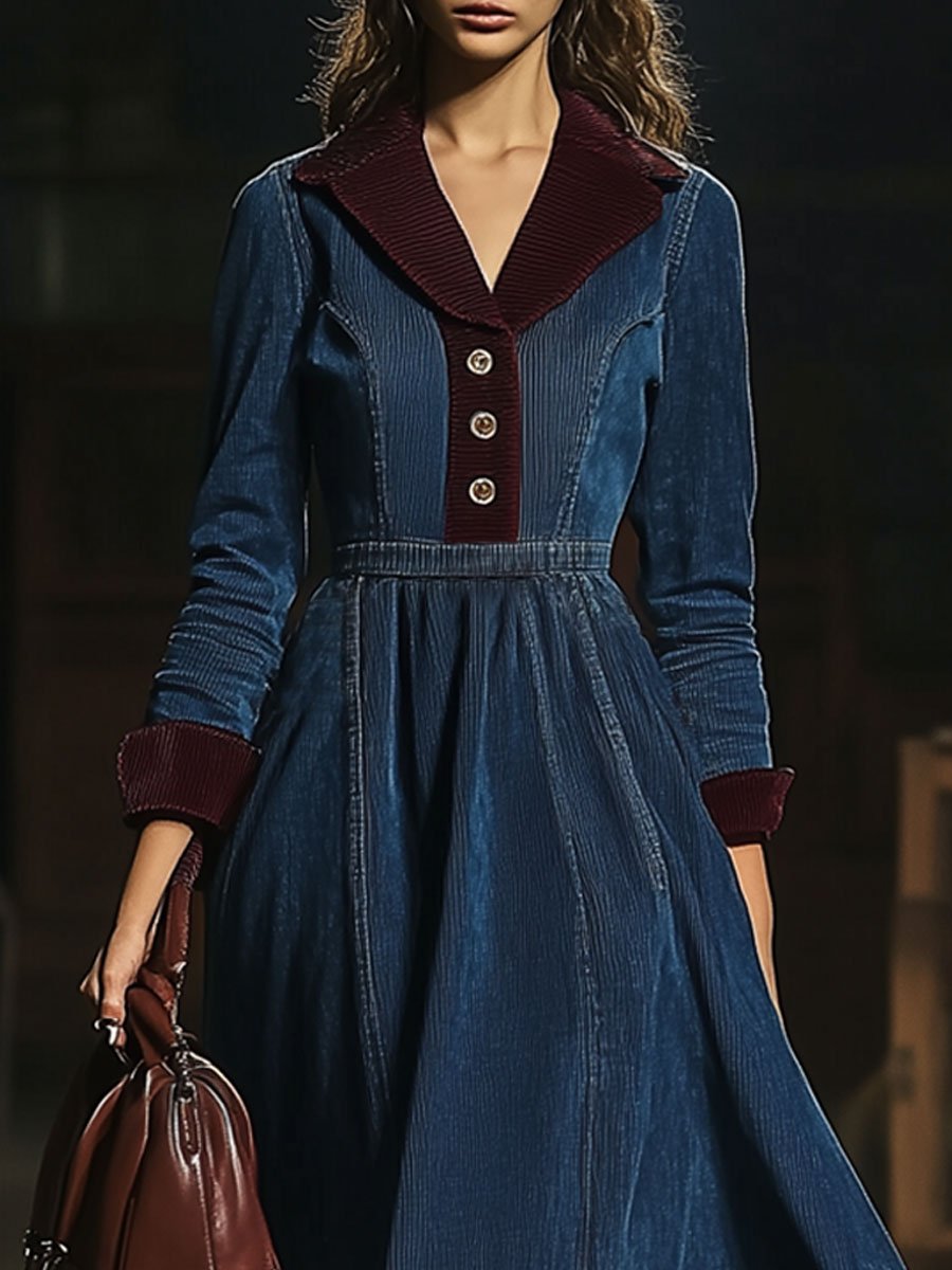 ¡¾24-hour shipping out¡¿Casual Retro Contrast Color Corduroy Stitching Elastic Waist Long Sleeve Midi Dress