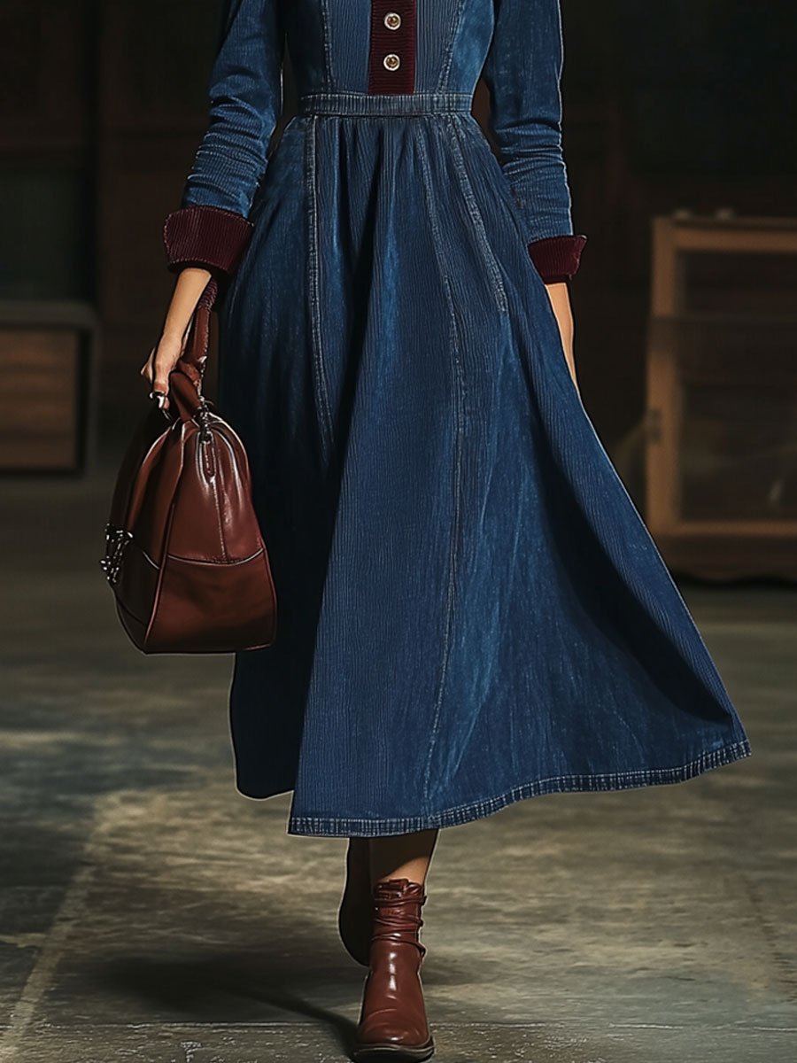 ¡¾24-hour shipping out¡¿Casual Retro Contrast Color Corduroy Stitching Elastic Waist Long Sleeve Midi Dress