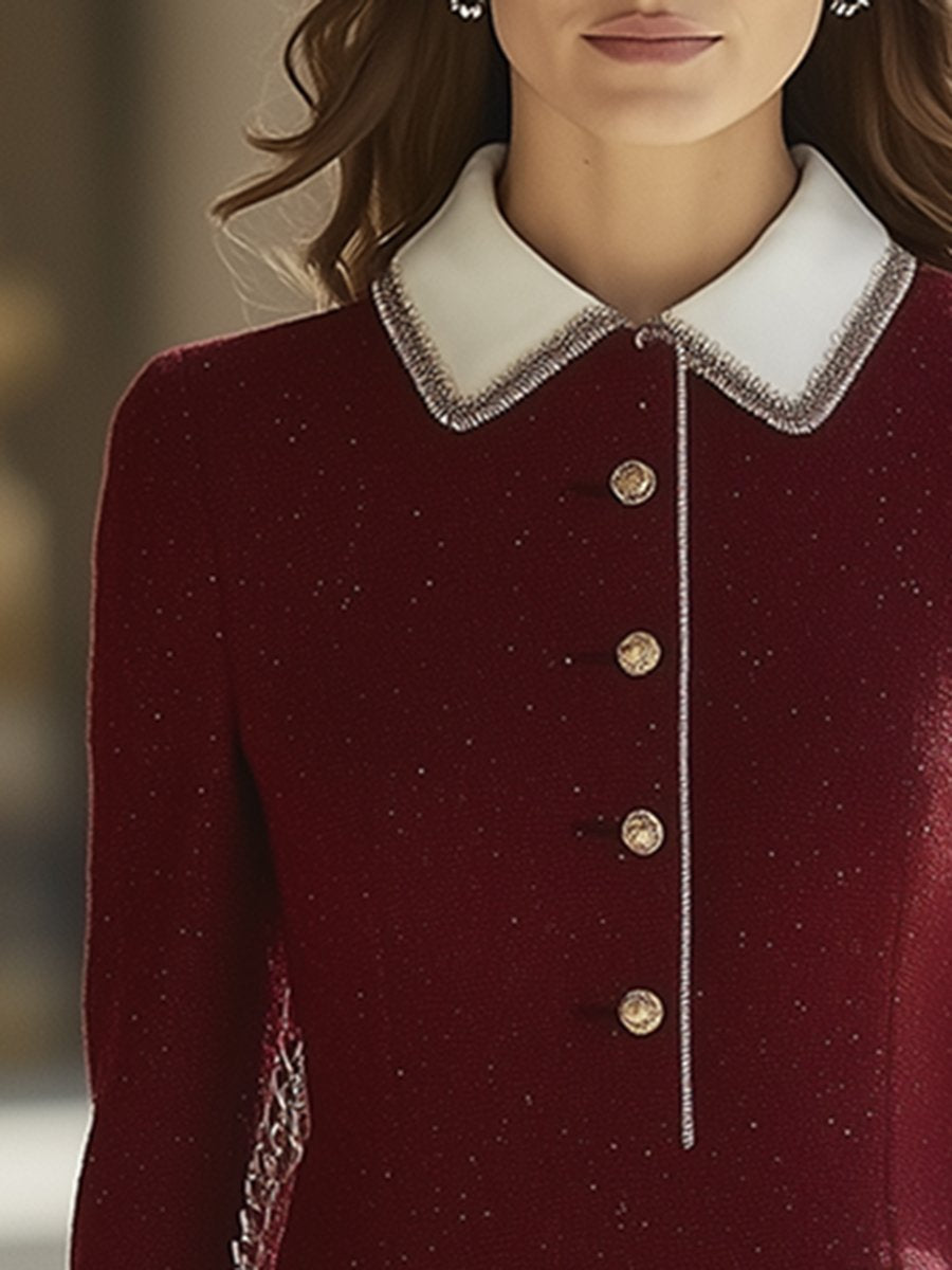 ¡¾24-hour shipping out¡¿High-End Retro Luxury Contrast Hem Lapel Dress