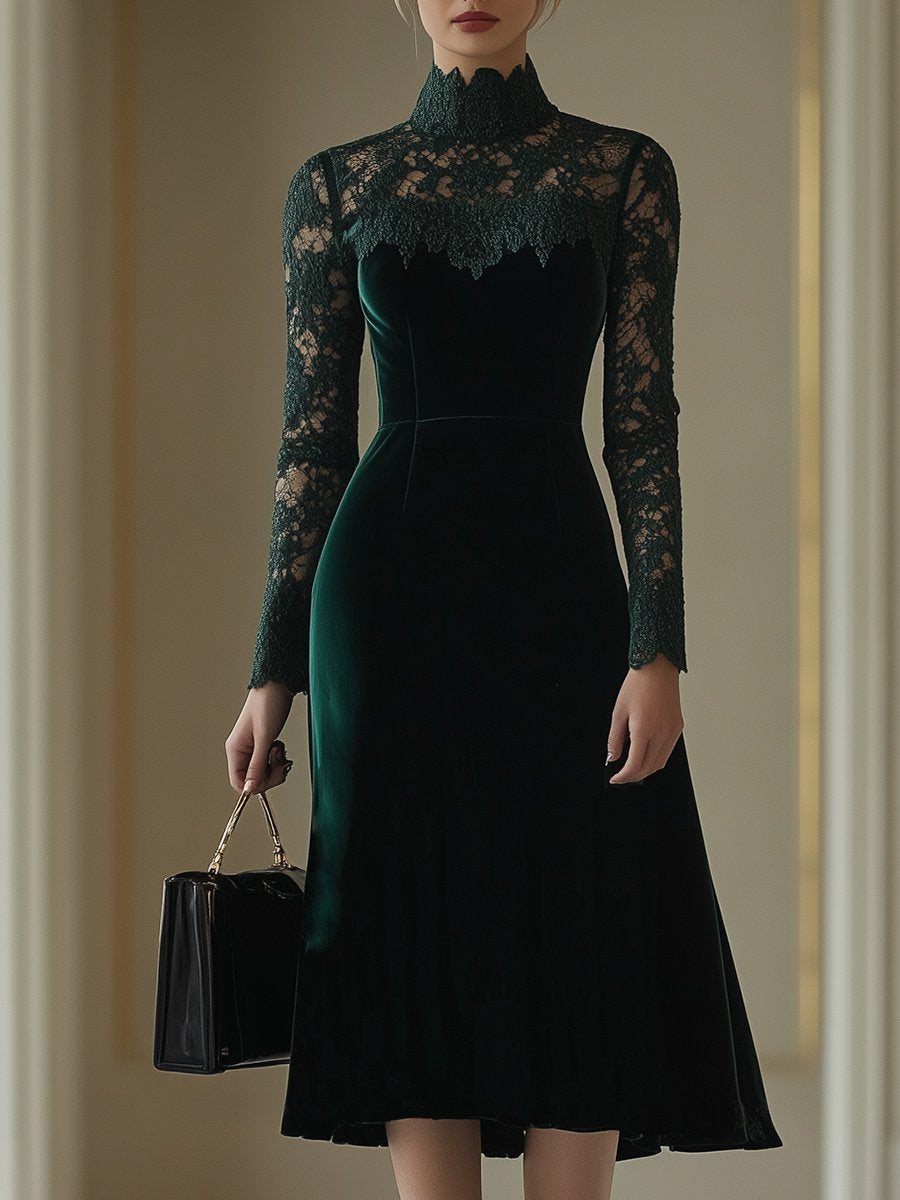 ¡¾24-hour shipping out¡¿Elegant Retro Velvet Stitching Lace High Collar Long Sleeve Midi Dress