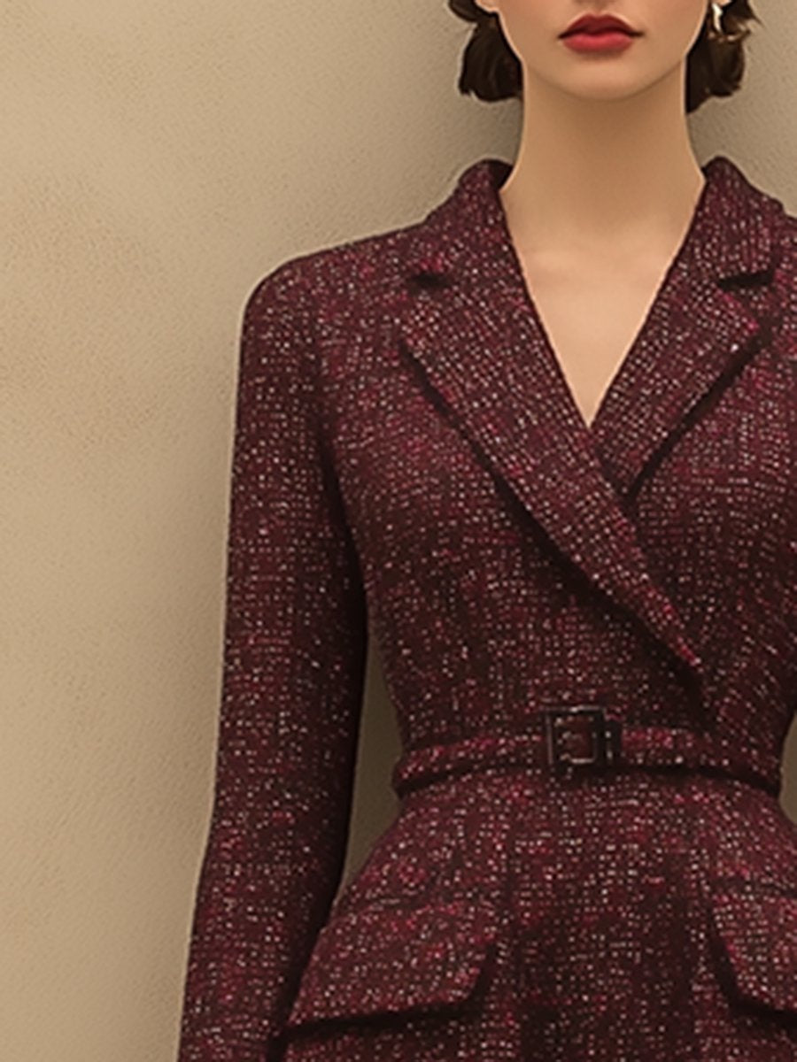 ¡¾24-hour shipping out¡¿Vintage Elegant Ankola Red Tweed Lapel Dress
