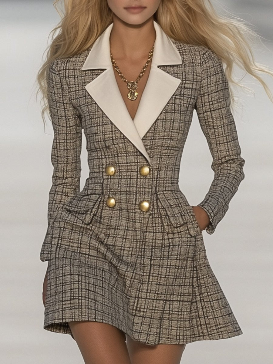 ¡¾24-hour shipping out¡¿Classic and Fashionable Contrast Lapel Plaid Mini Dress