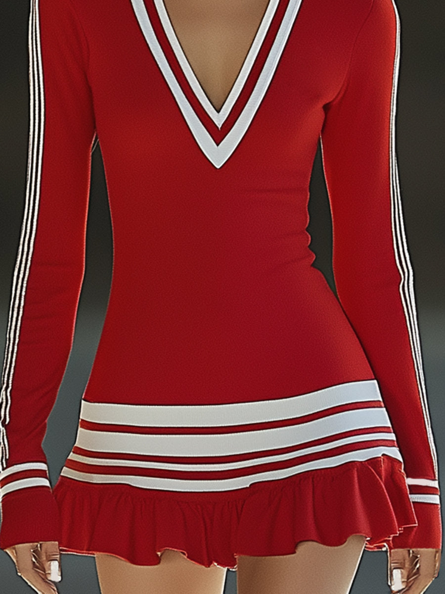 ¡¾24-hour shipping out¡¿Fashionable Sports White Striped Red V-neck Long Sleeve Mini Dress