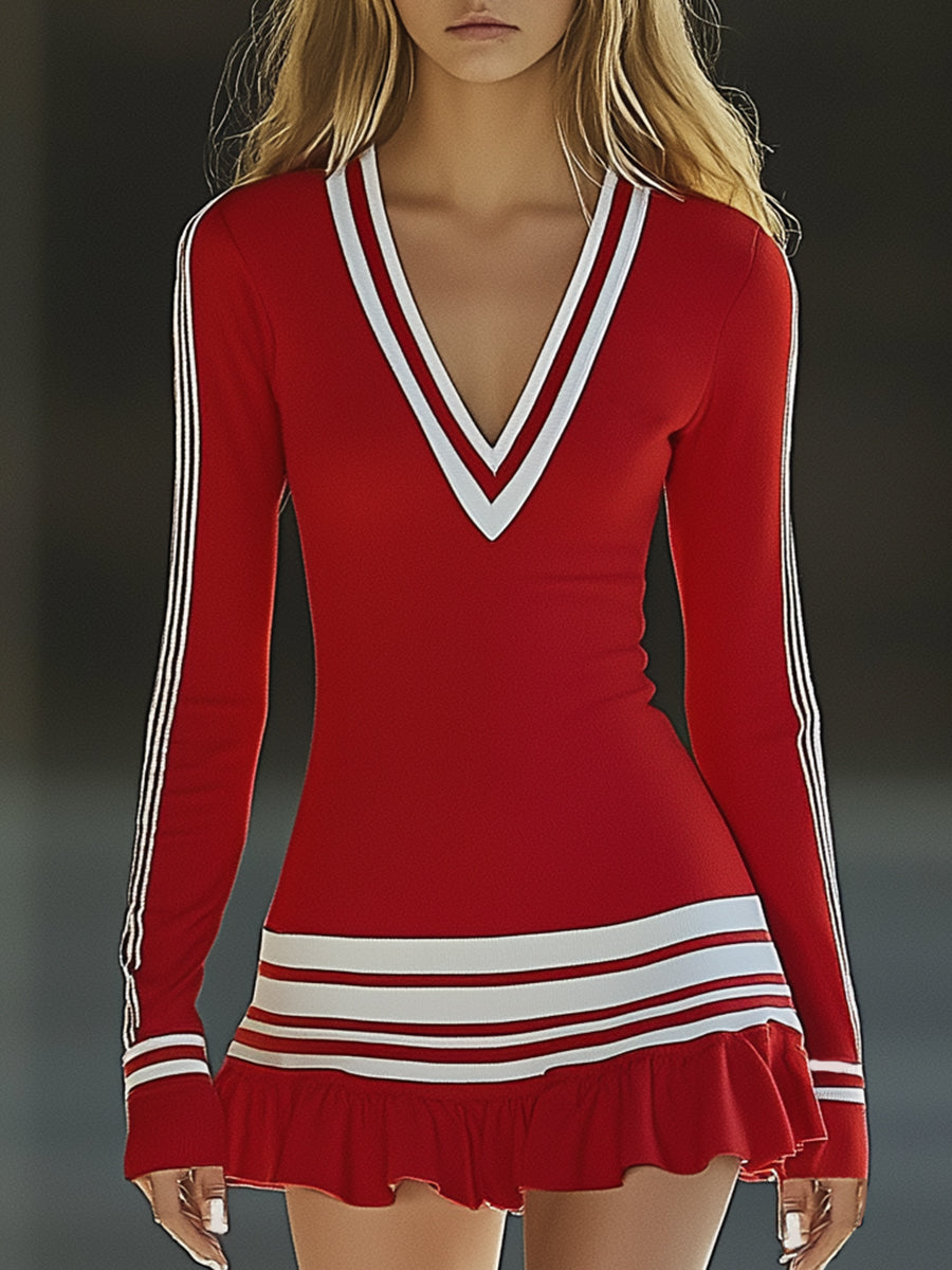 ¡¾24-hour shipping out¡¿Fashionable Sports White Striped Red V-neck Long Sleeve Mini Dress