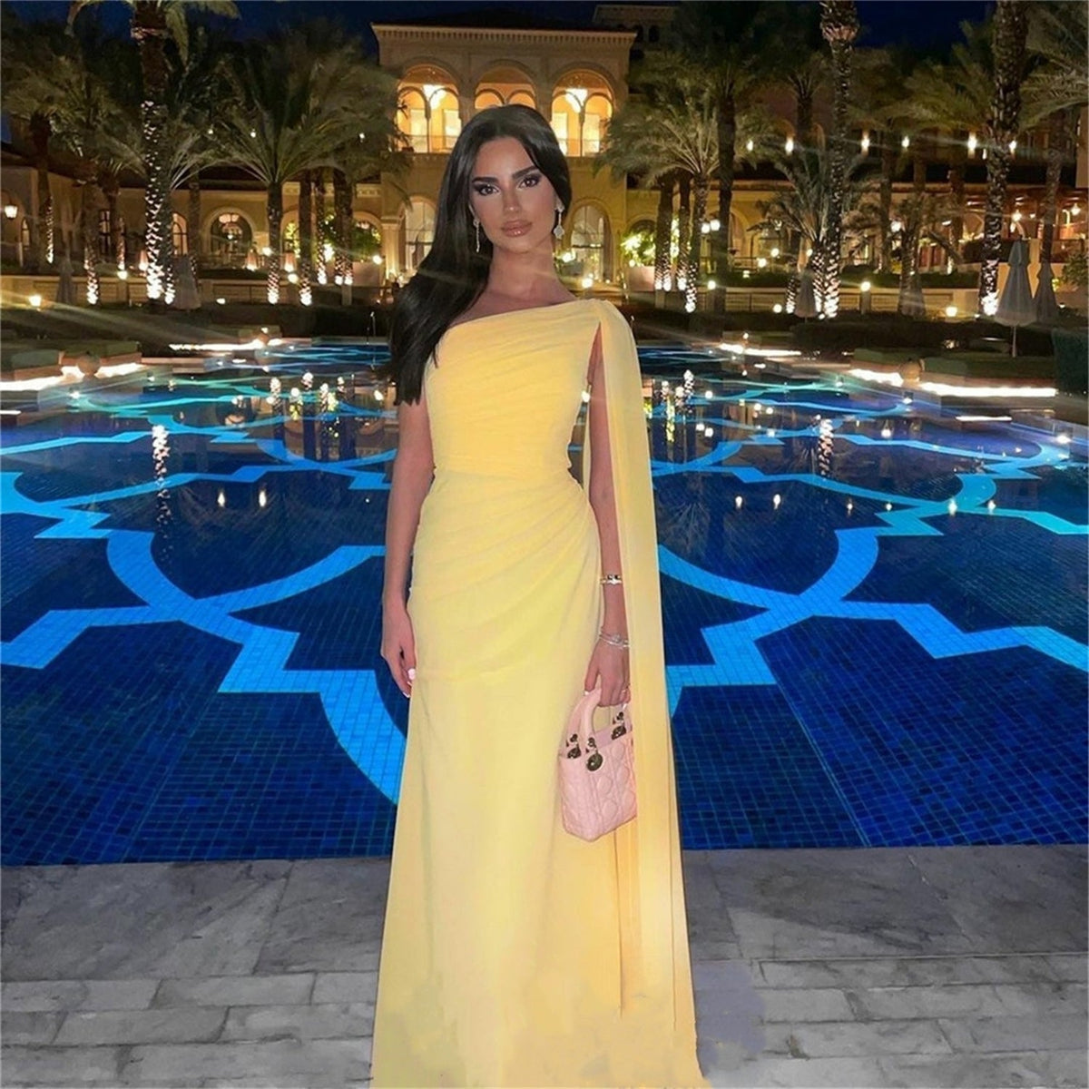 Baby Yellow Chiffon Mermaid One-shoulder Prom Dress